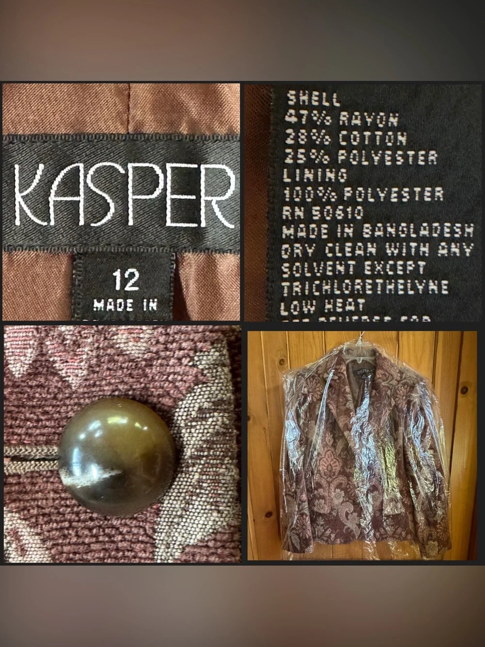Tapestry Brocade KASPER Blazer Jacket Mauve-Brown Floral Paisley Pattern Size 12
